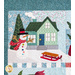 Quilt block featuring a teal house next to a snowman and sled.