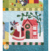 Quilt block featuring a pink house next to Santa and a reindeer. 