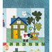 Quilt block featuring a green house next to a buckled hat of shamrocks and a sheep with a heart.