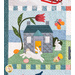 Quilt block featuring a gray house surrounded by rabbits, a butterfly and a tulip.