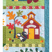 Quilt block featuring a red school house next to a squirrel and maple tree.