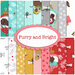 A collage of colorful patterned fabric swatches featuring playful dog designs, alongside festive elements like bones, snowflakes, and holiday themes. The text Furry and Bright is prominently displayed in a decorative, scalloped oval in the center.