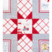 A quilt featuring a star pattern with red and gray fabric. The design includes red and white geometric shapes, as well as images of polar bears and Christmas-themed motifs. The quilt has a soft, textured appearance.