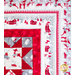 A colorful quilt featuring a patchwork design with red, white, and gray fabrics. The border displays festive winter-themed patterns, including snowmen, trees, and houses.