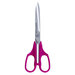 A pair of silver scissors with pink handles, designed for crafting and general use.