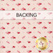 Pale pink fabric with small red and pink flowers clusters all over and a pink banner with the word 