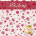 Flannel fabric of scattered red snowflakes on a white background with a red banner and the word 