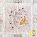 Close up of pink and cream flannel quilt showing a quilt block with a rabbit looking down from a crescent moon with the words 