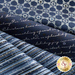 Close up of navy blue fabric with metallic silver winter motifs layered atop one another