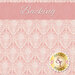 fabric featuring cream roses framed by cream victorian scrolls repeating on a light pink background with a pink banner at the top that reads 