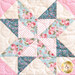 close up of one quilt block featuring a classic star pattern made with soft floral pink, blue, and cream fabrics