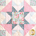 close up of one quilt block featuring a classic star pattern made with soft floral pink, blue, and cream fabrics