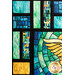 Close up image of the peaceful window quilt, made of blocks to create a stained glass window look in aqua, blue, and yellow, each piece bordered by black stripes