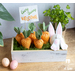 A white washed planter box filled with green moss and fabric carrots with a bunny figure diving into the box and a sign that says 