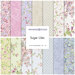 A collage of the periwinkle, pink, green, cream, and ecru fabrics included in the Sugar Lilac FQ Set.