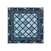 Colorful quilt featuring a geometric pattern of blue and aqua tones, surrounded by a floral border.