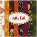 A collage of colorful patterned paper strips in autumnal colors, featuring designs with leaves, pumpkin illustrations, and fall-themed text, with a central label that reads Hello Fall.