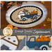 A collage of images showing an autumn themed wool table topper with a vintage truck, cat, and barn