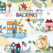 White fabric with whimsical houses, flowers, birds, butterflies, and fences all over