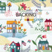 White fabric with multicolored houses and garden imagery of flowers, beehives and flagpoles