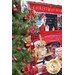 Close up angled photo of a finished panel quilt featuring golden retriever puppies in front of a red truck in a snowy Christmas scene hanging on a white paneled wall with a Christmas tree in the foreground