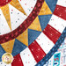 Close up of patriotic quilt square made with red, white, blue, and yellow fabrics with stars and textures in a radiating pattern.