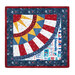 Isolated image of a patriotic quilt square made with red, white, blue, and yellow fabrics with stars and textures in a radiating pattern against a white background