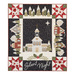 A black, white, and red quilt with a church in the center and village motifs around the border, isolated on a white wall.