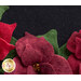 Close up image of the floral edge of the wool table topper showing layered wool to form red petals with green leaves on a black background