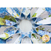 Close up of flower-shaped table topper showing folded floral fabrics in white, blue, and green