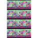 fabric featuring pink and purple spotted and mottled florals and swirling border stripe prints with a light green and blue background. 