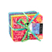 A square bundle of colorful batik fabric squares tied with a ribbon, featuring various colorful patterns and designs.