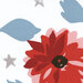 swatch of fabric wit ha large red flower, blue leaves, and gray stars on a white background