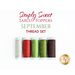 Image of a September thread set for Simply Sweet Table Toppers, featuring five spools of thread in various colors, including gray, red, green, and brown, with a logo in the corner.