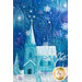 A quilted fabric design featuring a light blue church with a tall steeple, surrounded by snow-covered trees and snowflakes against a gradient blue background, suggesting a winter scene.