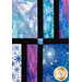 A patchwork quilt featuring various fabrics in shades of blue, purple, and white. The design includes snowflakes, swirls, and celestial patterns, separated by black fabric strips.