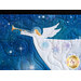 A quilted artwork featuring an angel playing a trumpet against a blue starry background with white and purple snowflakes.