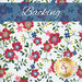 A floral fabric pattern featuring pink and blue flowers, green leaves, and small white flowers. The word Backing is prominently displayed at the top, along with a logo for Shabby Fabrics in the bottom right corner.