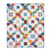 A colorful quilt featuring a geometric star pattern, arranged in a grid with various vibrant colors and floral designs on a light background.