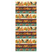 digital image of border stripe fabric featuring multiple rows of turkeys nestled amidst pumpkins, sunflowers, and various foliage, above a deep maroon stripe of a similar array of foliage and a teal plaid section below