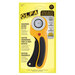 Packaging for an OLFA ergonomic rotary cutter, featuring a yellow and black handle and a 45mm blade.
