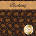 Fabric with vines, orange flowers and paisley leaves on a solid black background with a gold banner and the word 