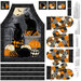 Halloween fabric panel for an apron and 2 oven mitts, decorated in black, gray, and orange colors, featuring black cats and pumpkins