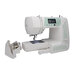 White sewing machine with a digital display and floral design, featuring a removable accessory compartment.