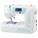 A white sewing machine with a digital display and decorative floral design on the side.