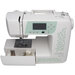 White sewing machine with a digital interface and decorative design, featuring an open drawer for accessories.