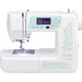 Image of a white sewing machine with a floral design, featuring an LCD display and control buttons.