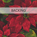 A swatch of black fabric with large, bright red poinsettia flowers. A sage green banner at the top reads 