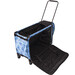 A blue rolling luggage with a patterned design opened to show its spacious interior.