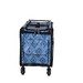 Blue patterned rolling luggage with a zippered top, black frame, and two wheels.